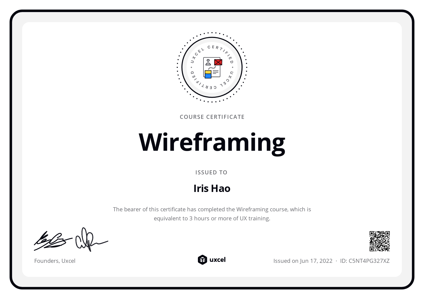 Iris Hao's certificate